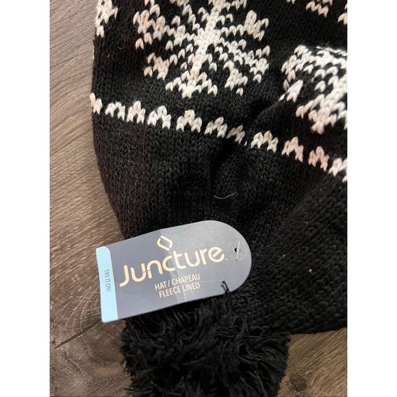 Juncture Unisex Men Women Black Toboggan Winter Hat Cap Ski Snowboard Snowflakes - Picture 3 of 4